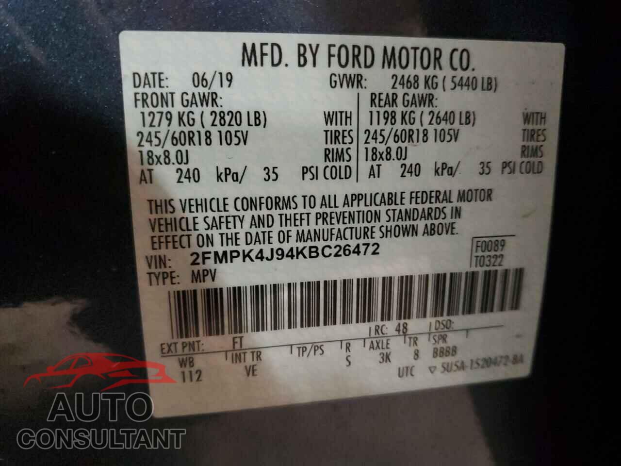 FORD EDGE 2019 - 2FMPK4J94KBC26472