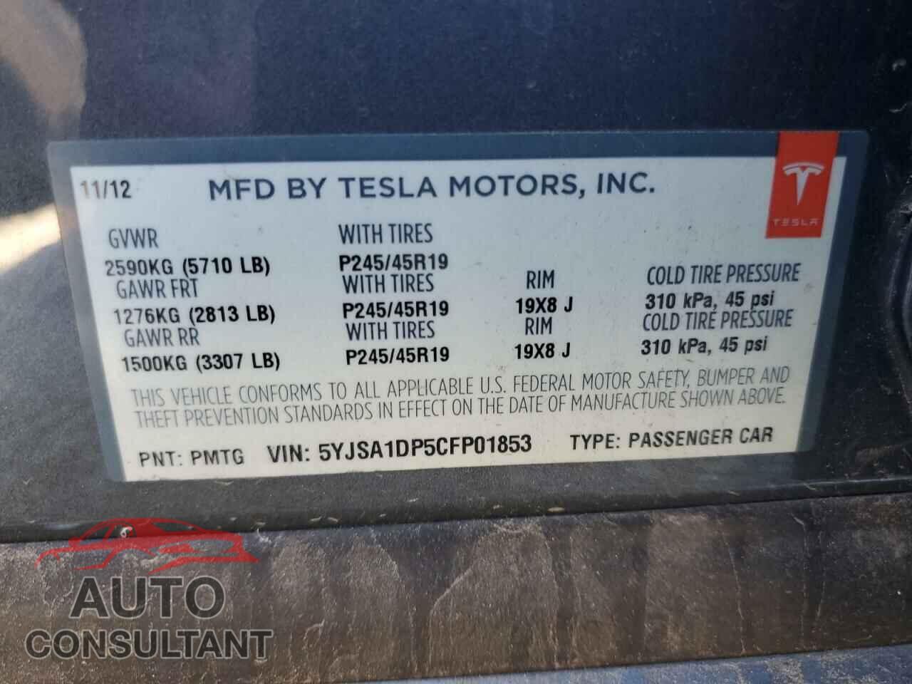 TESLA MODEL S 2012 - 5YJSA1DP5CFP01853