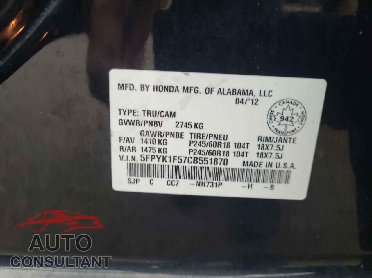 HONDA RIDGELINE 2012 - 5FPYK1F57CB551870