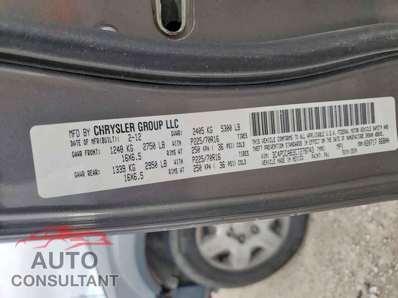 DODGE JOURNEY 2012 - 3C4PDCAB3CT278743