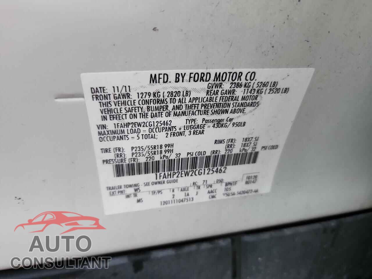 FORD TAURUS 2012 - 1FAHP2EW2CG125462