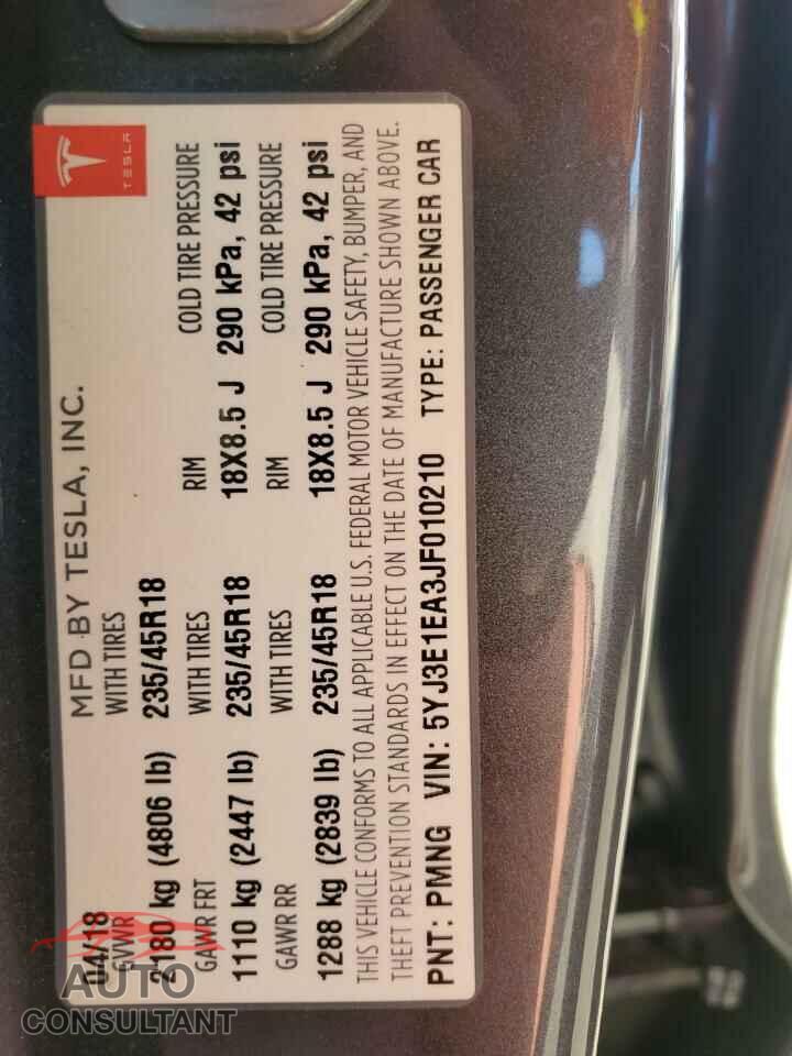 TESLA MODEL 3 2018 - 5YJ3E1EA3JF010210