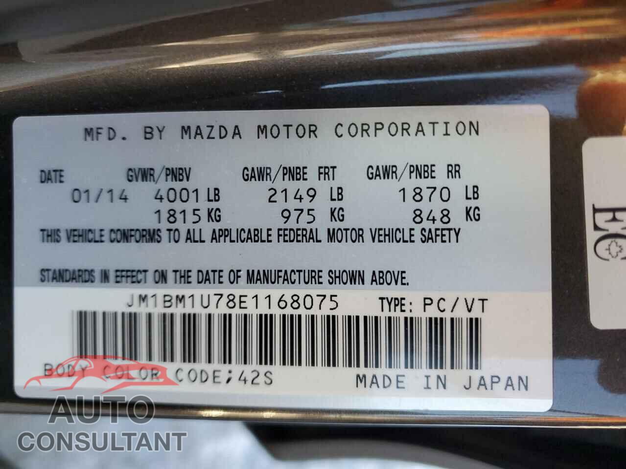 MAZDA 3 2014 - JM1BM1U78E1168075