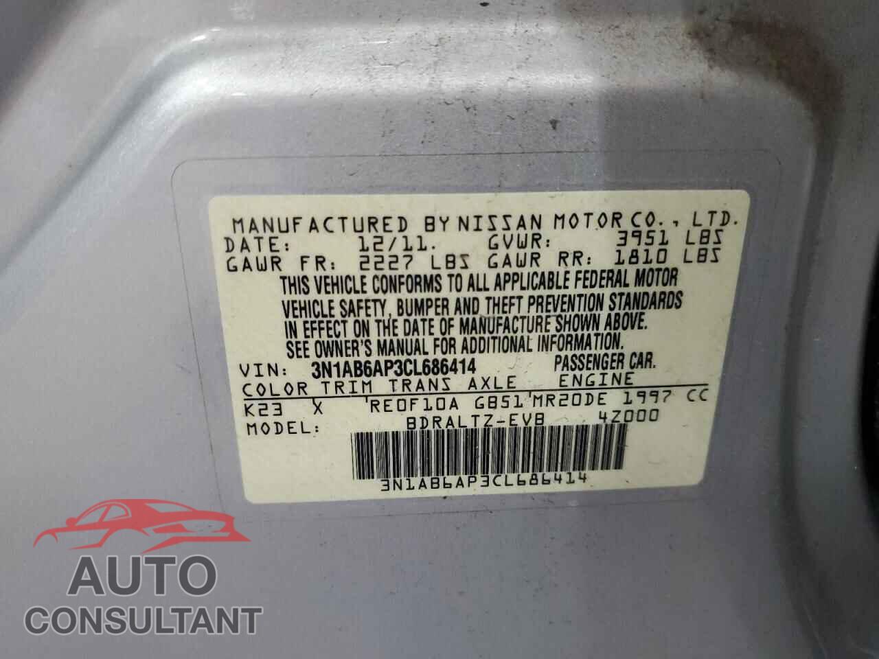 NISSAN SENTRA 2012 - 3N1AB6AP3CL686414
