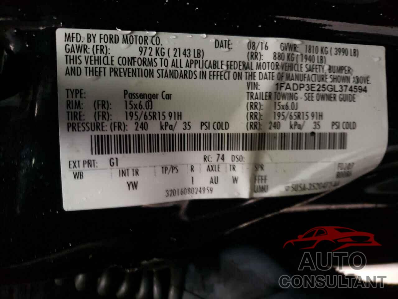 FORD FOCUS 2016 - 1FADP3E25GL374594