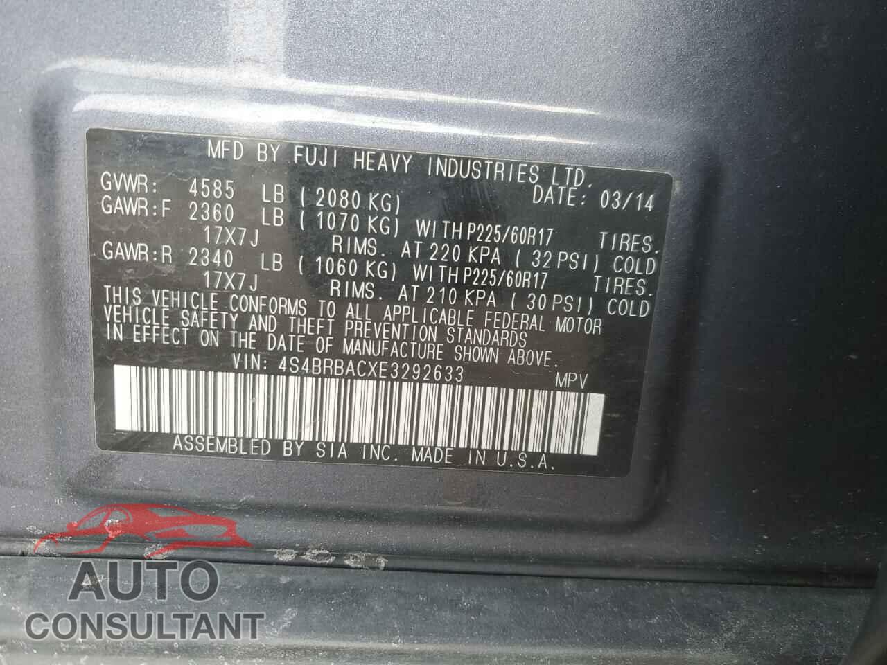 SUBARU OUTBACK 2014 - 4S4BRBACXE3292633