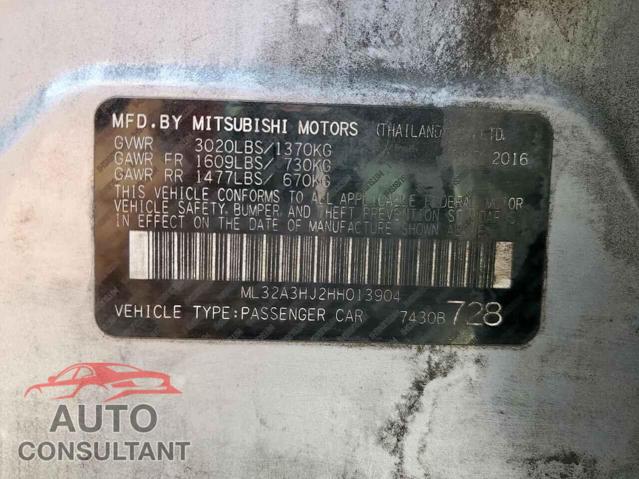 MITSUBISHI MIRAGE 2017 - ML32A3HJ2HH013904