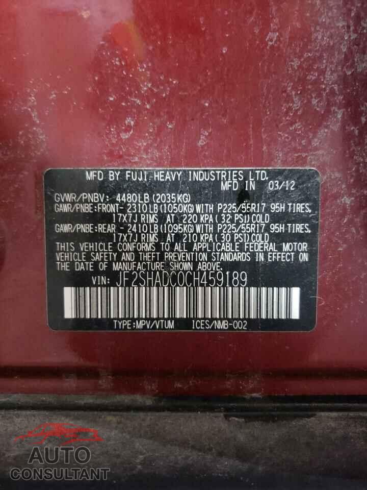 SUBARU FORESTER 2012 - JF2SHADC0CH459189