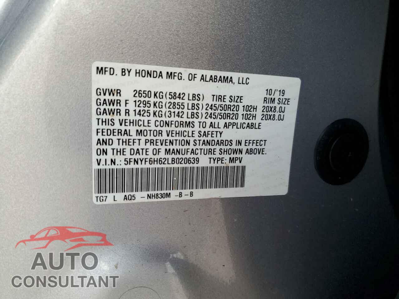 HONDA PILOT 2020 - 5FNYF6H62LB020639