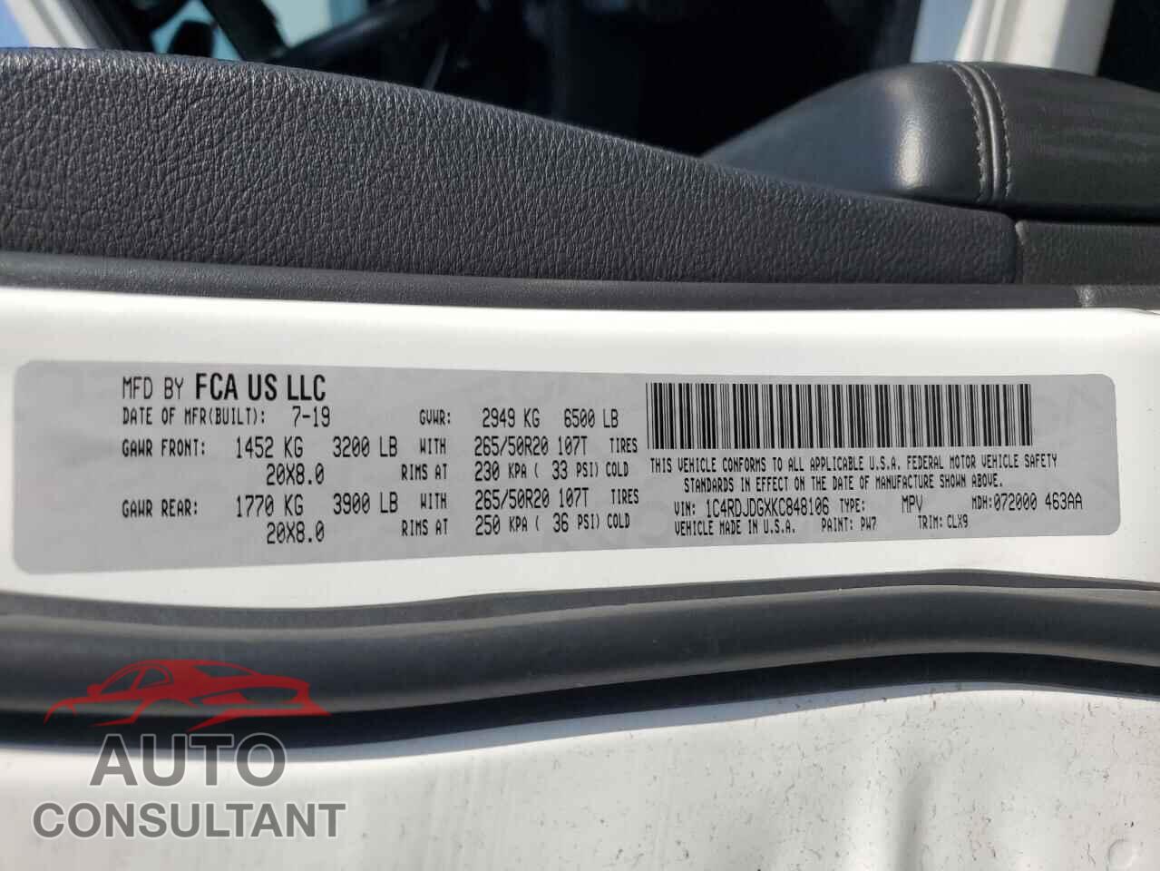 DODGE DURANGO 2019 - 1C4RDJDGXKC848106