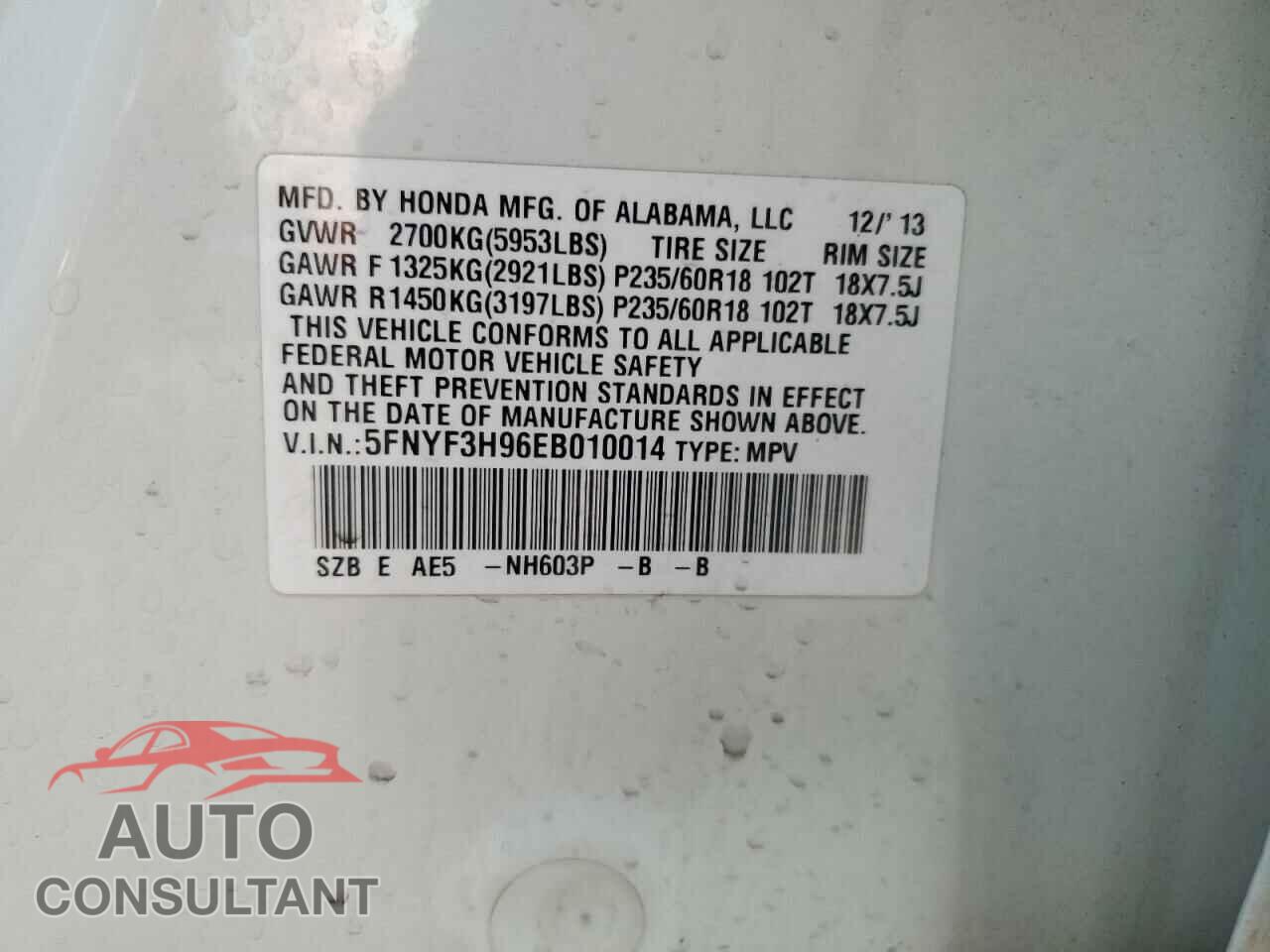 HONDA PILOT 2014 - 5FNYF3H96EB010014