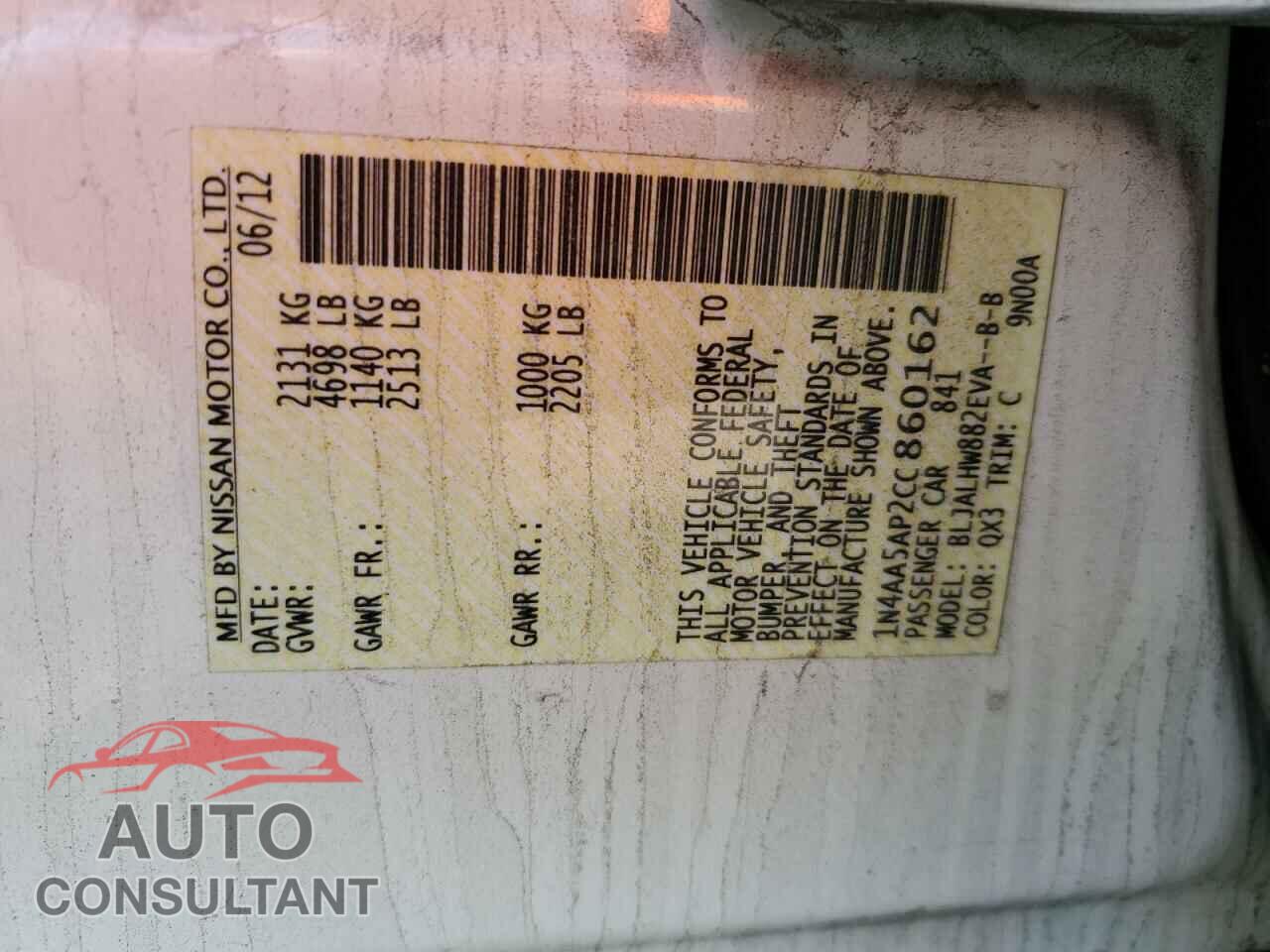 NISSAN MAXIMA 2012 - 1N4AA5AP2CC860162