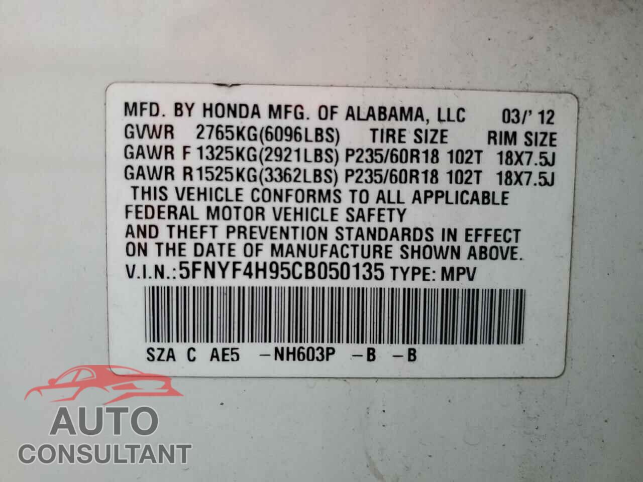 HONDA PILOT 2012 - 5FNYF4H95CB050135