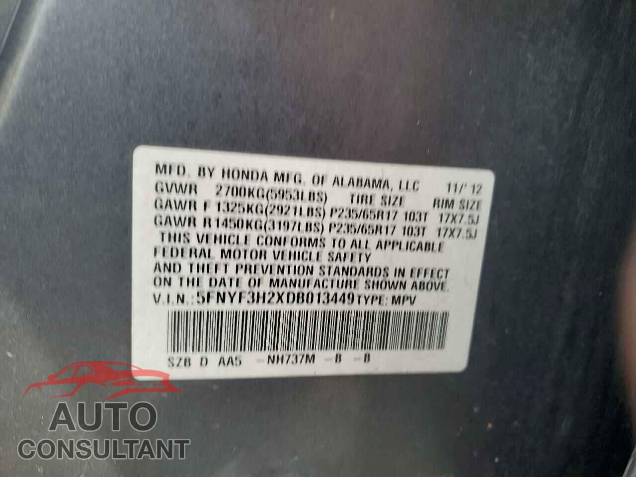 HONDA PILOT 2013 - 5FNYF3H2XDB013449
