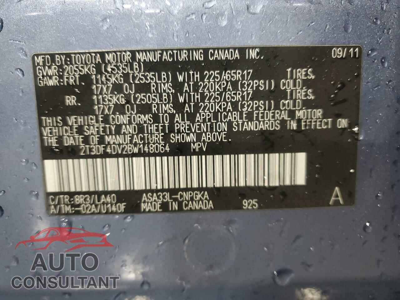 TOYOTA RAV4 2011 - 2T3DF4DV2BW148064