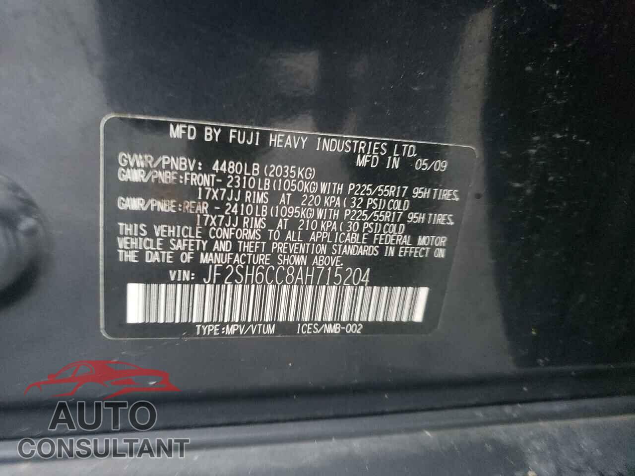 SUBARU FORESTER 2010 - JF2SH6CC8AH715204