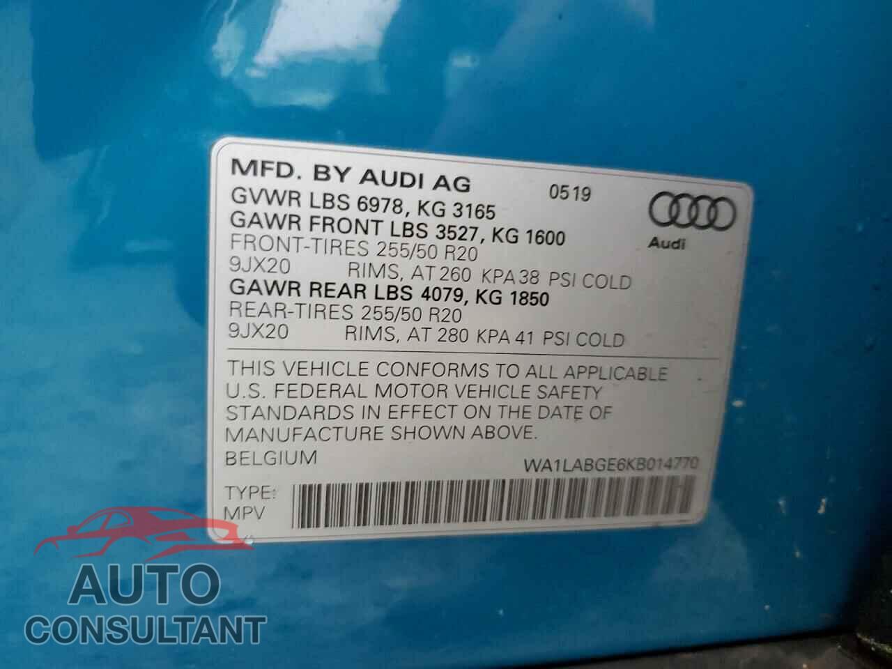 AUDI E-TRON 2019 - WA1LABGE6KB014770
