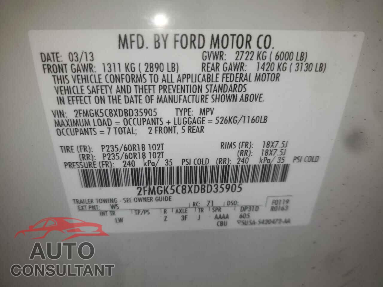 FORD FLEX 2013 - 2FMGK5C8XDBD35905