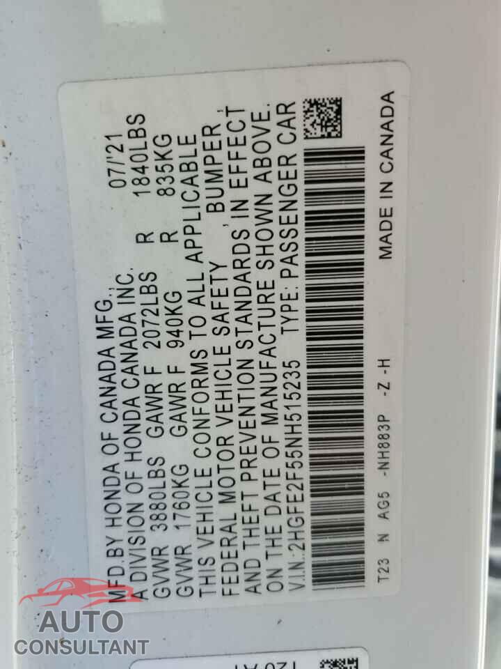 HONDA CIVIC 2022 - 2HGFE2F55NH515235