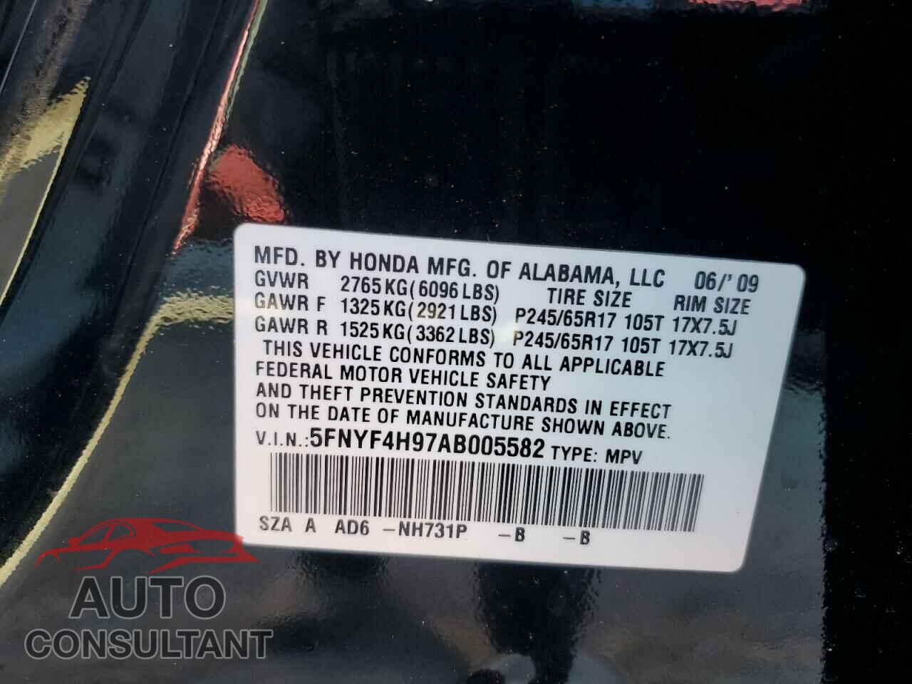 HONDA PILOT 2010 - 5FNYF4H97AB005582