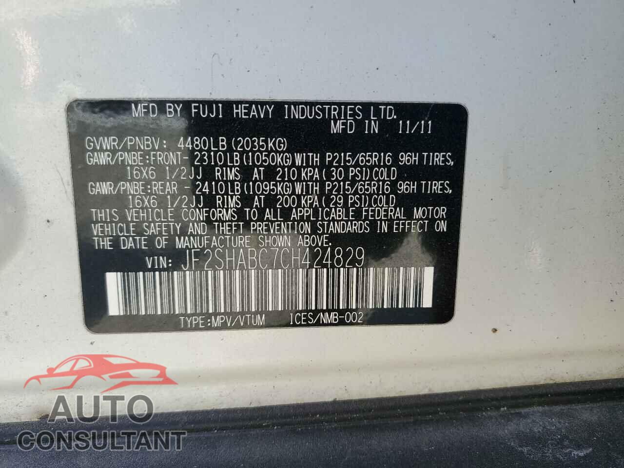 SUBARU FORESTER 2012 - JF2SHABC7CH424829