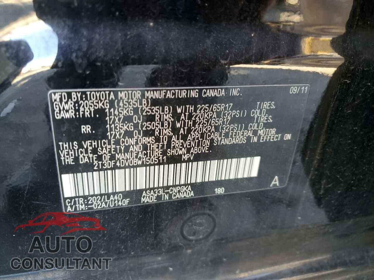 TOYOTA RAV4 2011 - 2T3DF4DV0BW150511