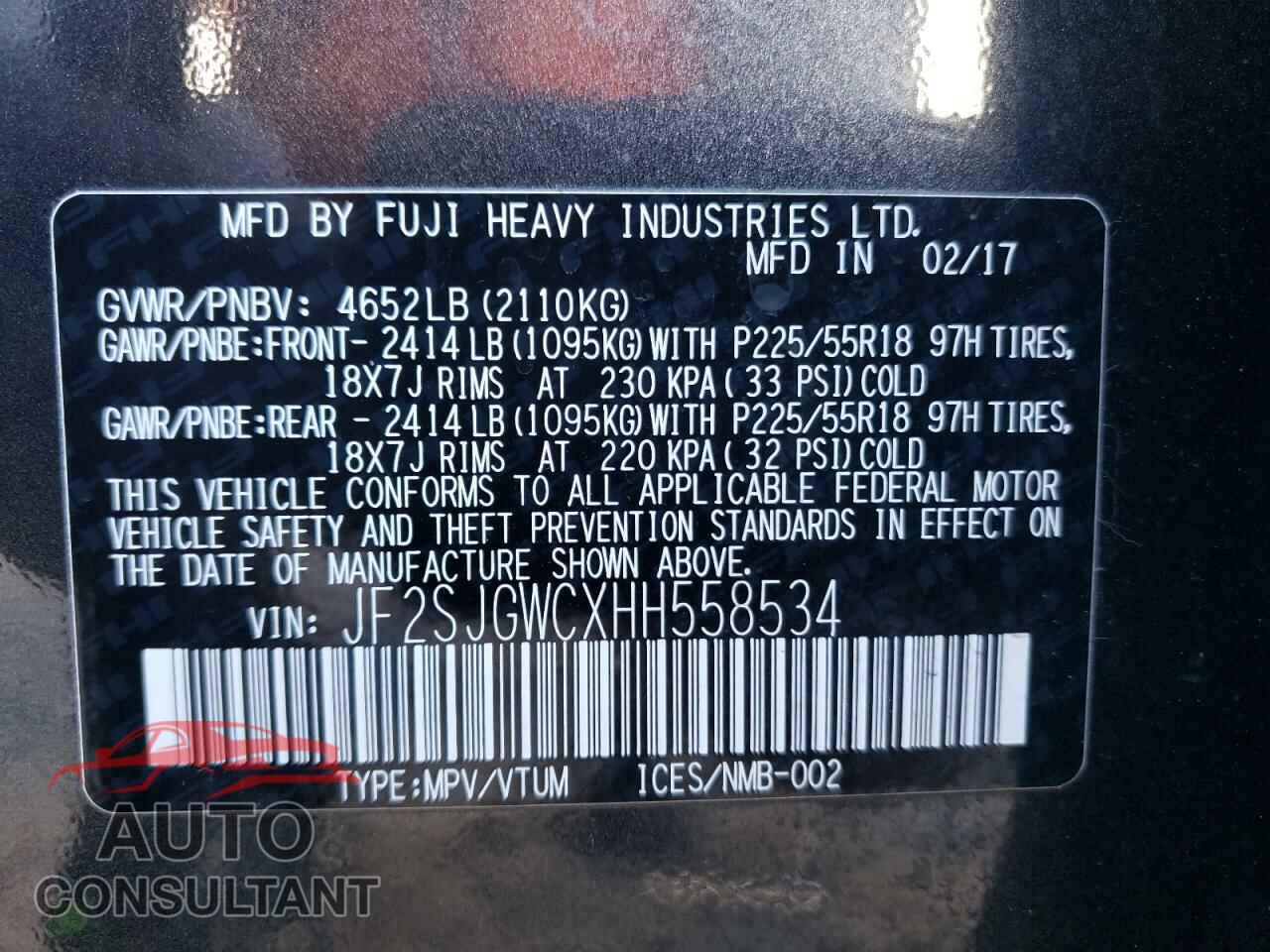 SUBARU FORESTER 2017 - JF2SJGWCXHH558534