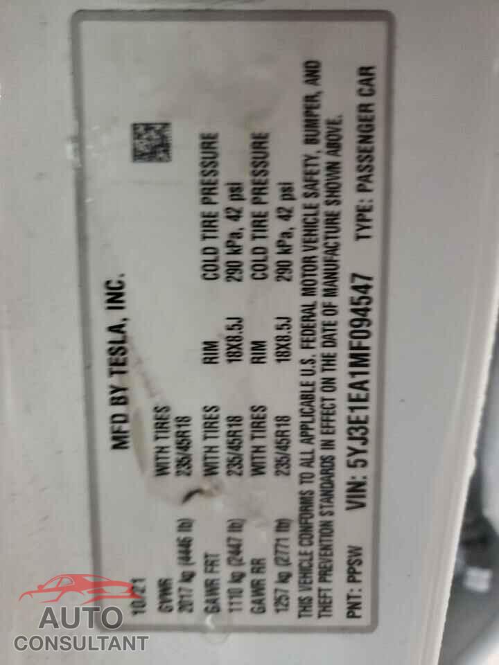 TESLA MODEL 3 2021 - 5YJ3E1EA1MF094547