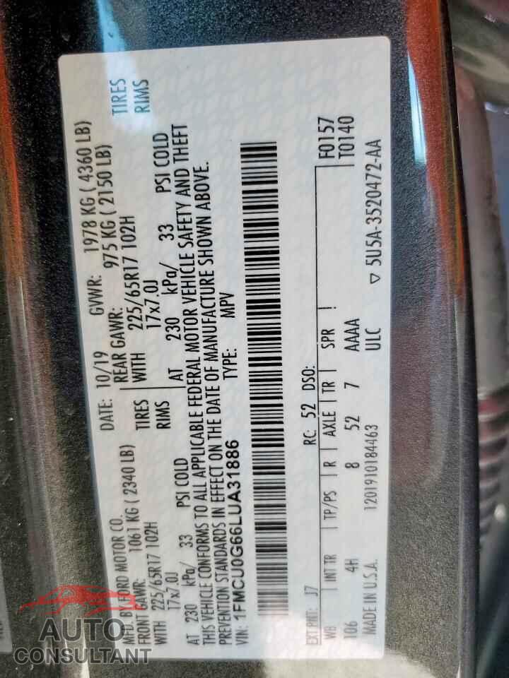 FORD ESCAPE 2020 - 1FMCU0G66LUA31886