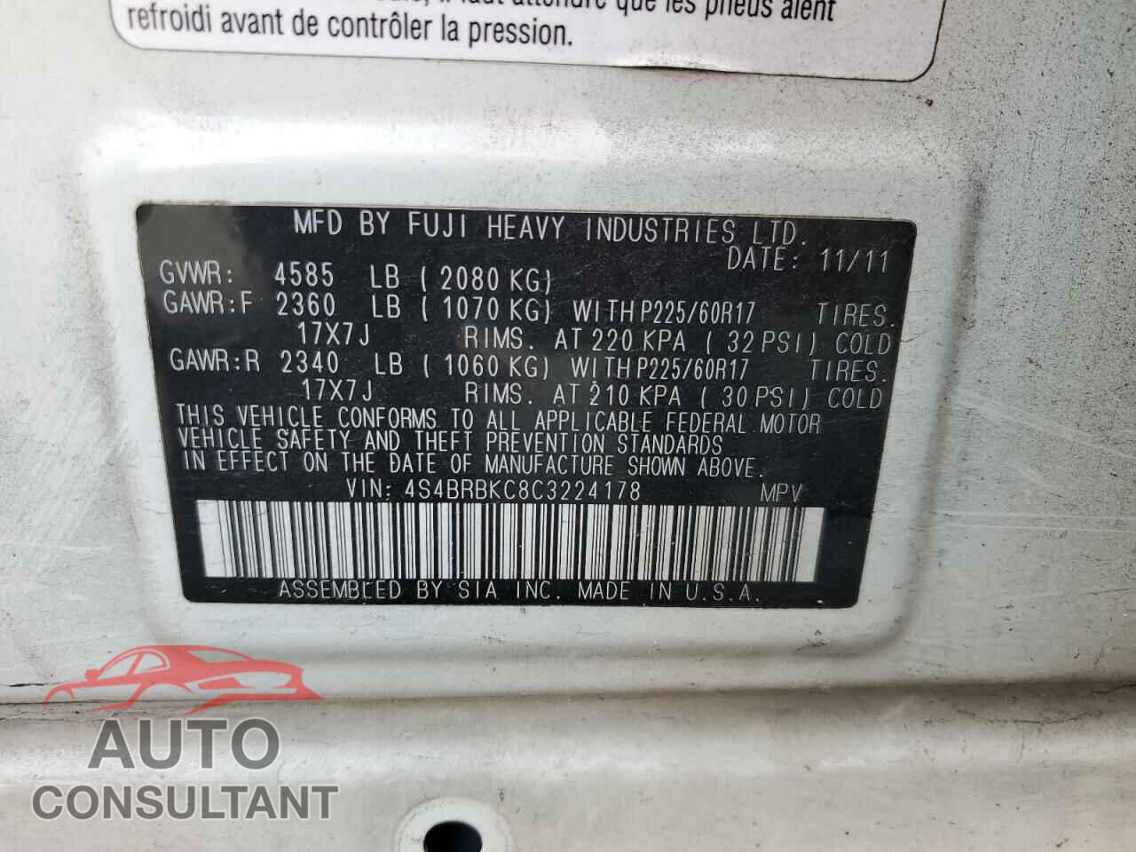 SUBARU OUTBACK 2012 - 4S4BRBKC8C3224178