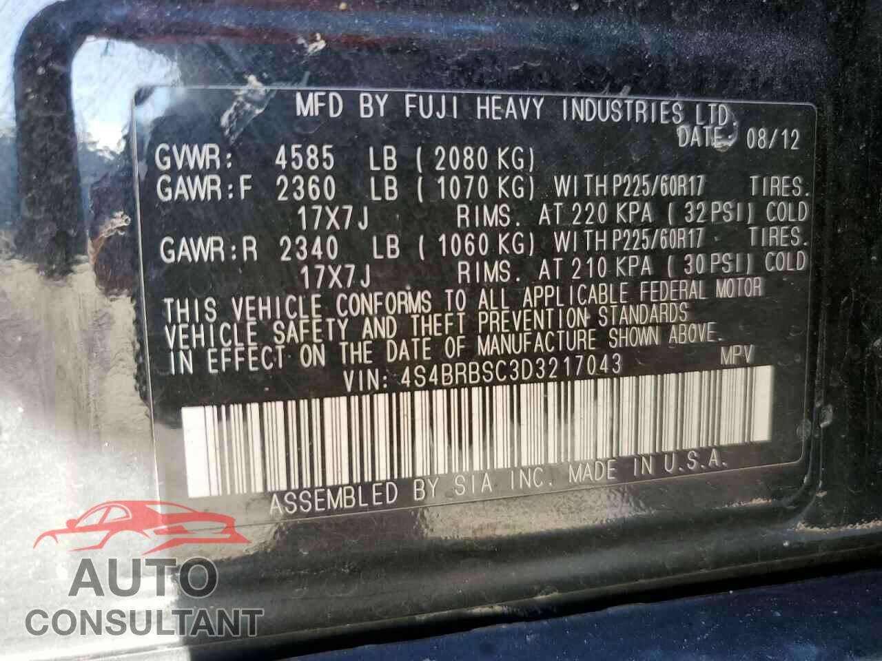 SUBARU OUTBACK 2013 - 4S4BRBSC3D3217043