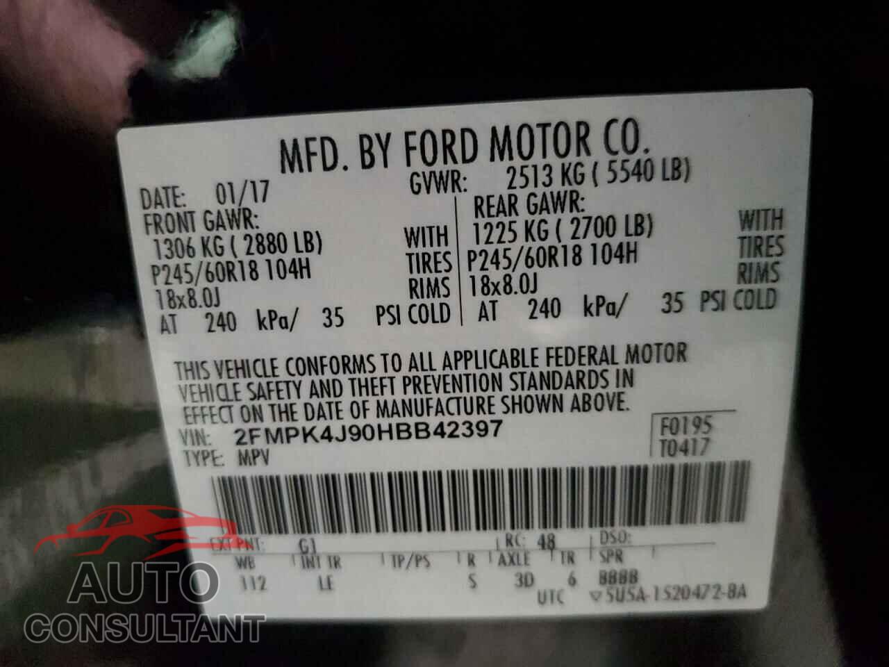 FORD EDGE 2017 - 2FMPK4J90HBB42397