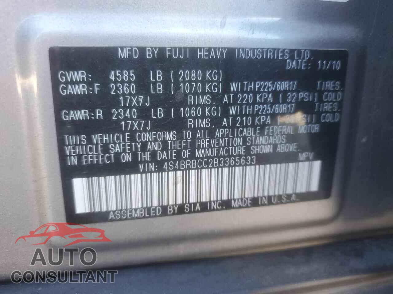 SUBARU OUTBACK 2011 - 4S4BRBCC2B3365633