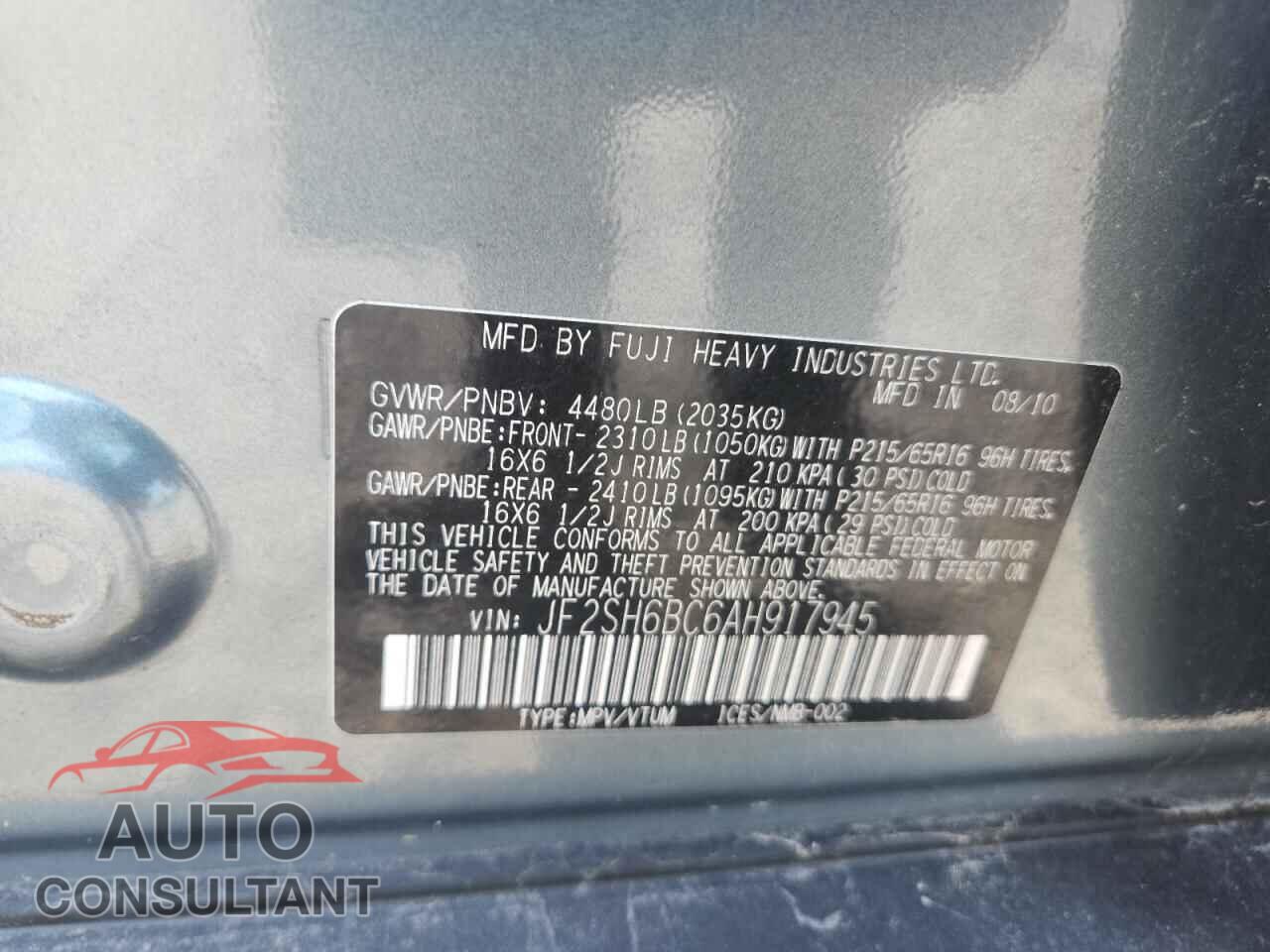 SUBARU FORESTER 2010 - JF2SH6BC6AH917945