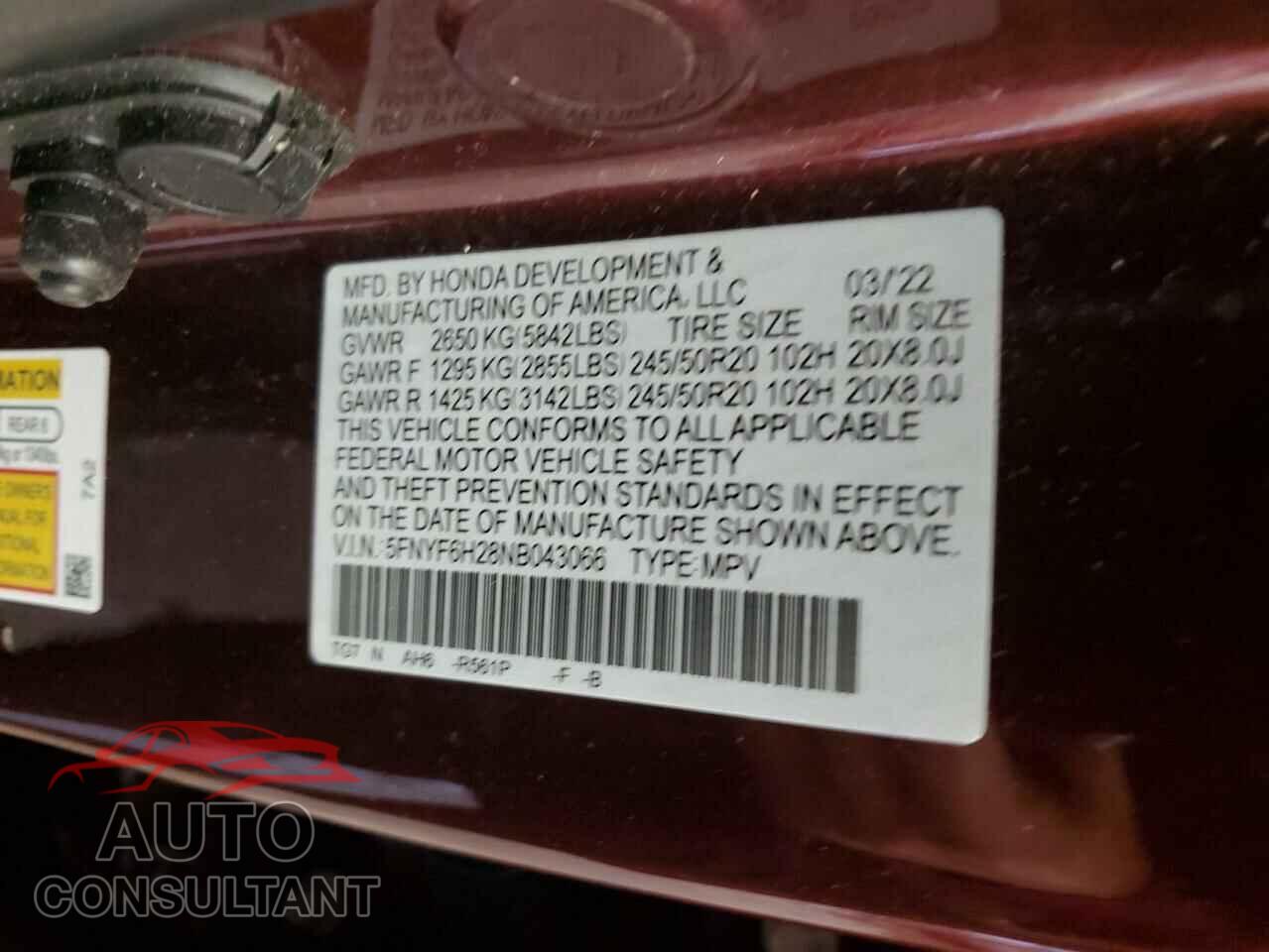 HONDA PILOT 2022 - 5FNYF6H28NB043066