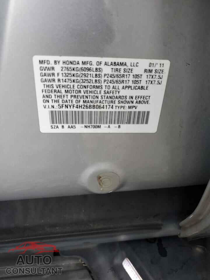 HONDA PILOT 2011 - 5FNYF4H26BB064174