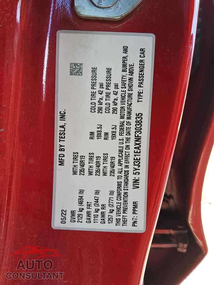 TESLA MODEL 3 2022 - 5YJ3E1EAXNF303835