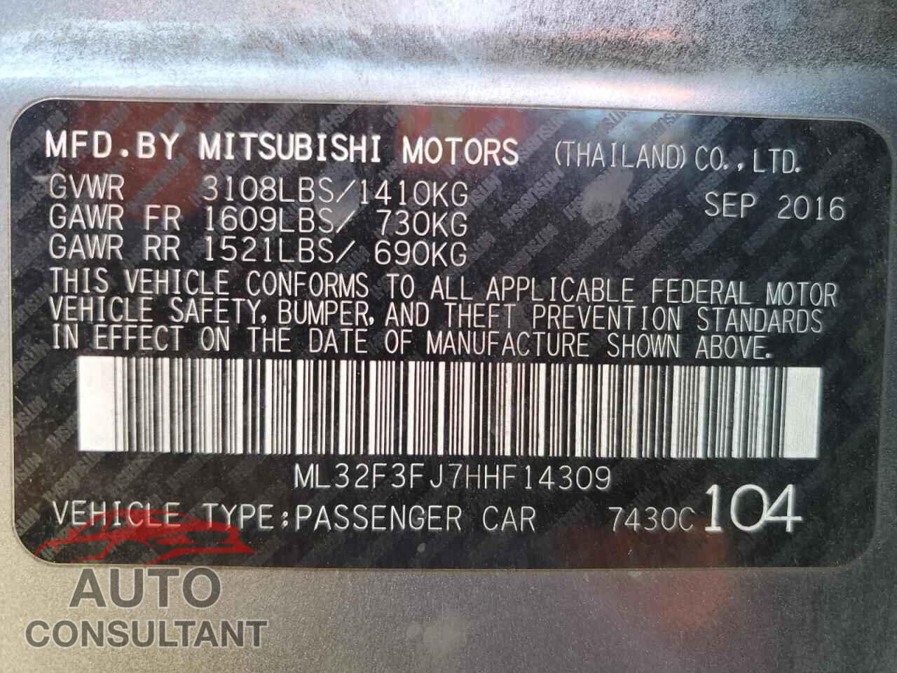MITSUBISHI MIRAGE 2017 - ML32F3FJ7HHF14309
