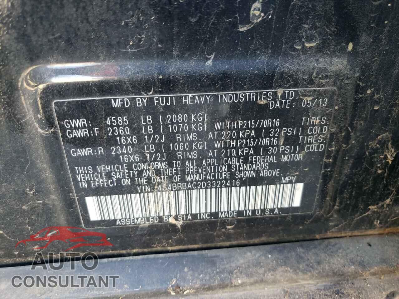 SUBARU OUTBACK 2013 - 4S4BRBAC2D3322416