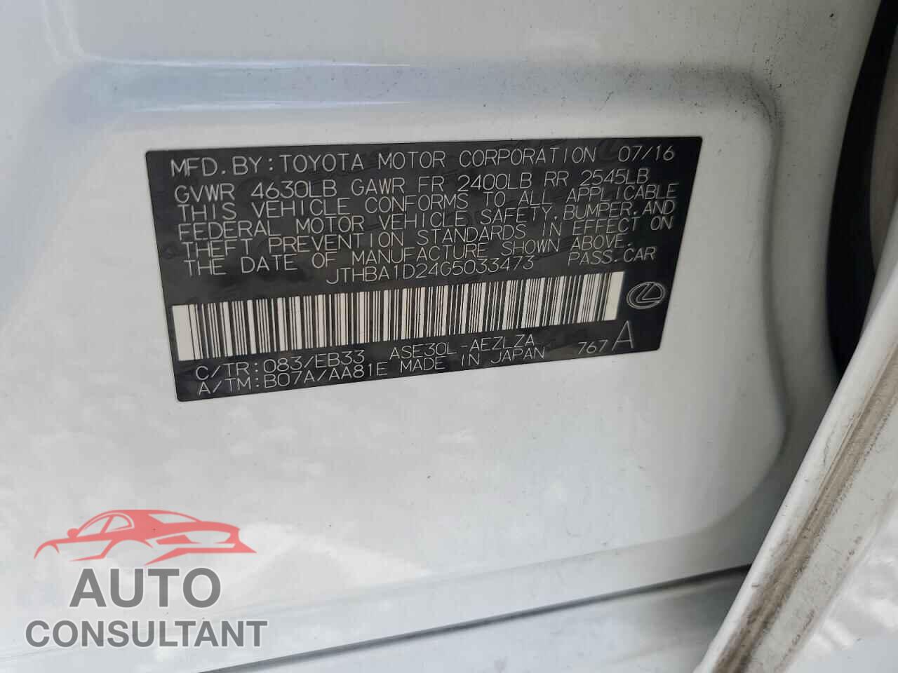 LEXUS IS 2016 - JTHBA1D24G5033473
