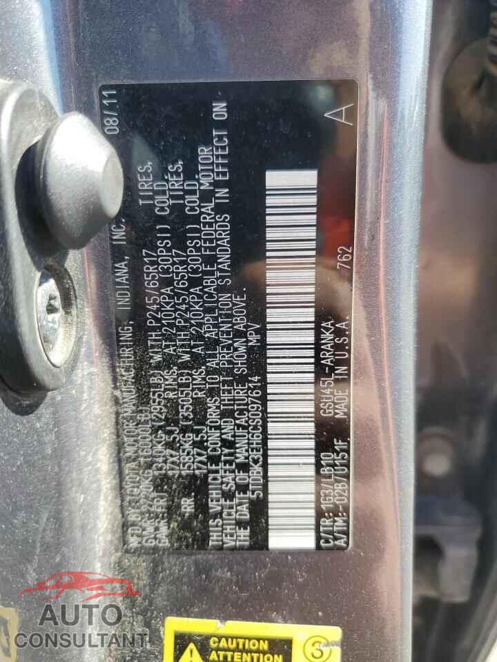 TOYOTA HIGHLANDER 2012 - 5TDBK3EH6CS097614