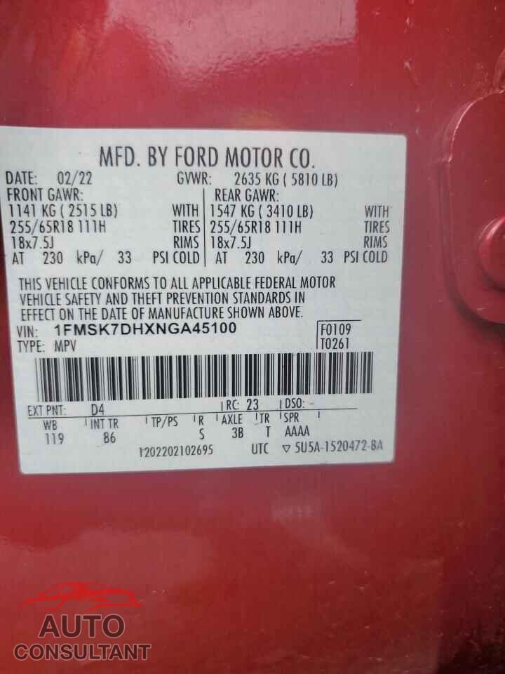 FORD EXPLORER 2022 - 1FMSK7DHXNGA45100