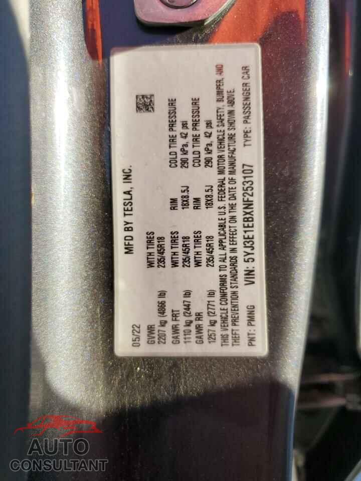 TESLA MODEL 3 2022 - 5YJ3E1EBXNF253107