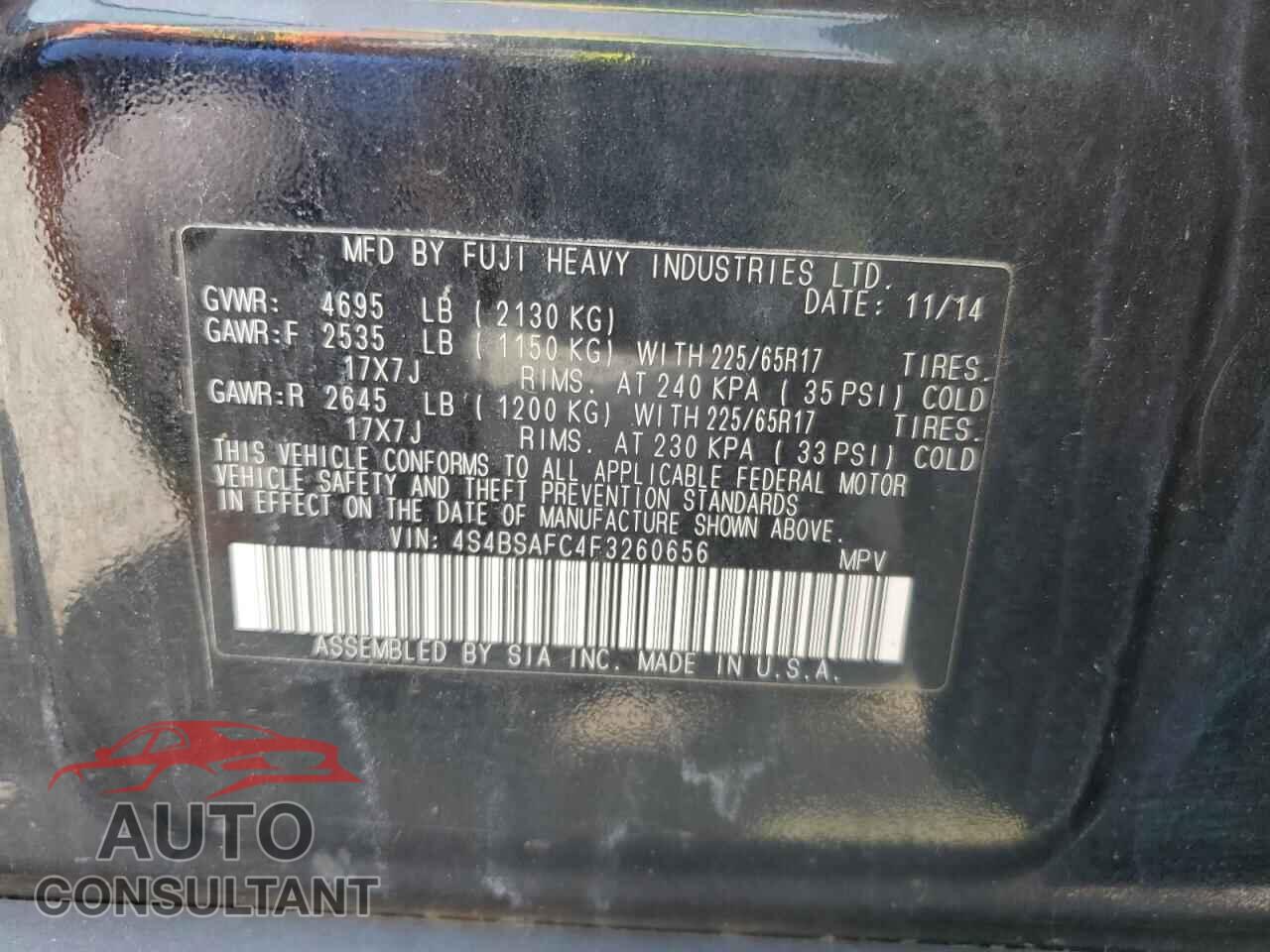 SUBARU OUTBACK 2015 - 4S4BSAFC4F3260656