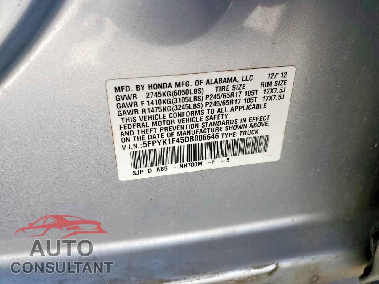 HONDA RIDGELINE 2013 - 5FPYK1F45DB006646