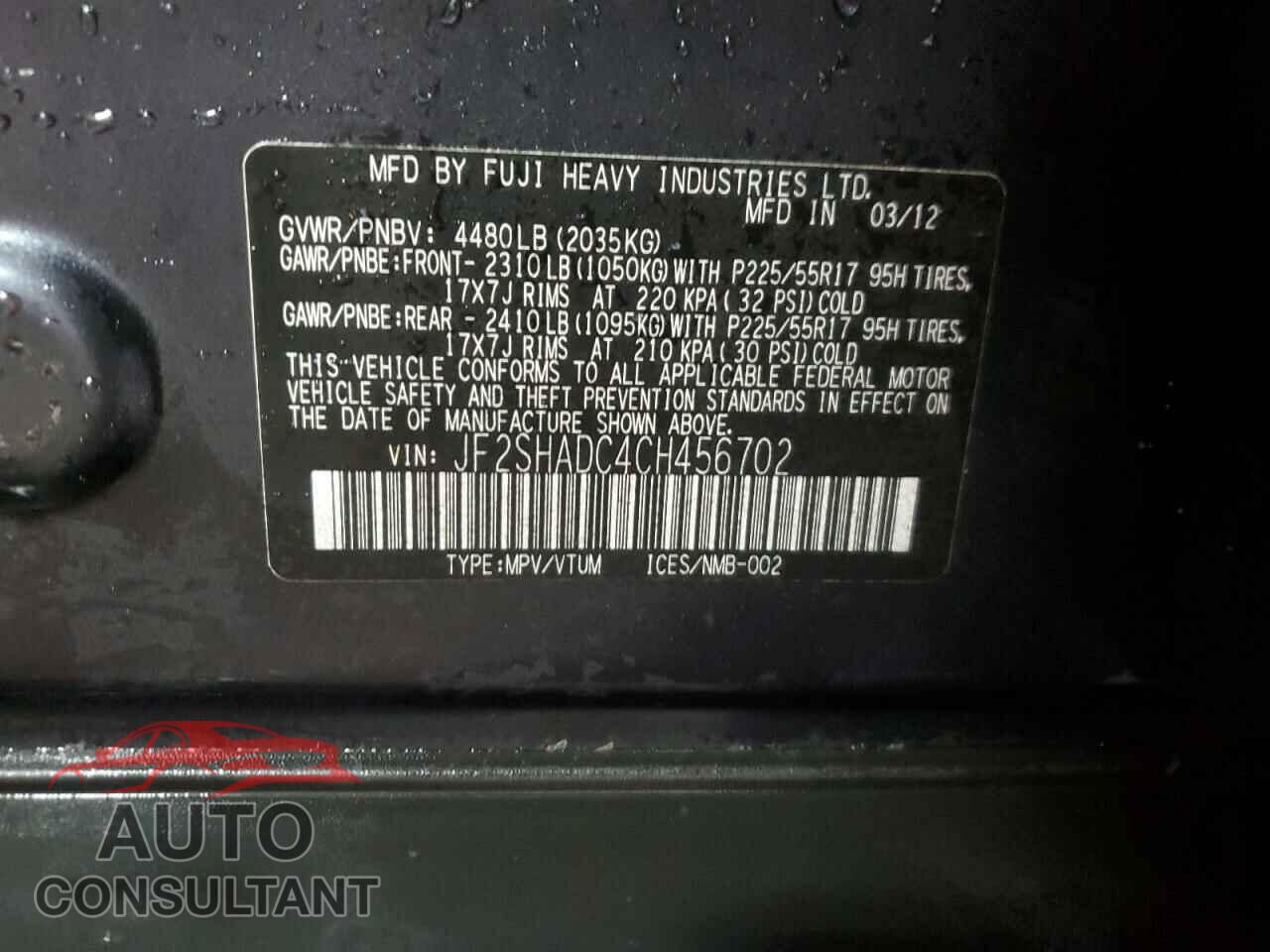 SUBARU FORESTER 2012 - JF2SHADC4CH456702