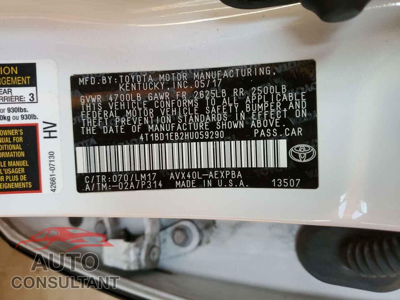 TOYOTA AVALON 2017 - 4T1BD1EB2HU059290