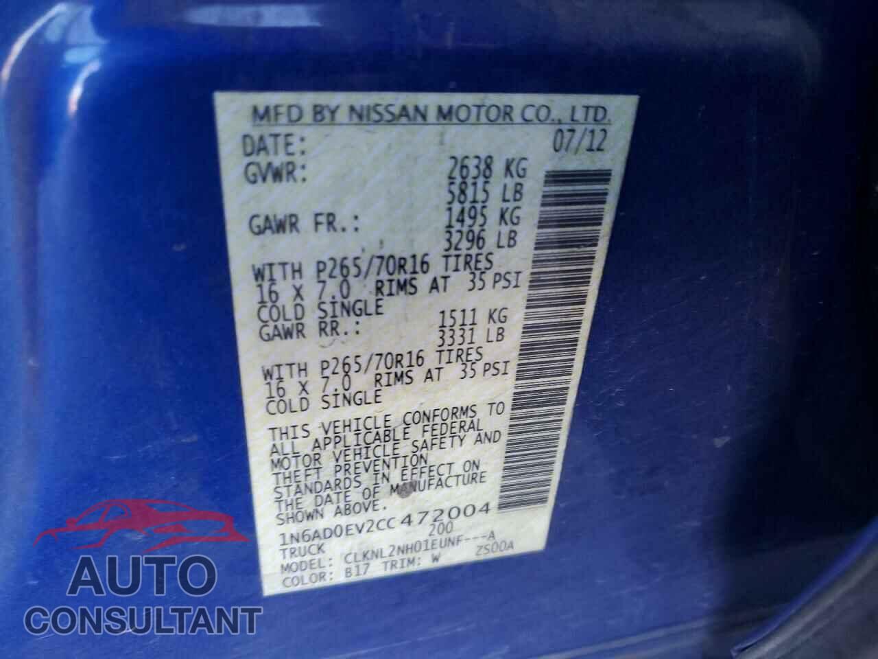 NISSAN FRONTIER 2012 - 1N6AD0EV2CC472004