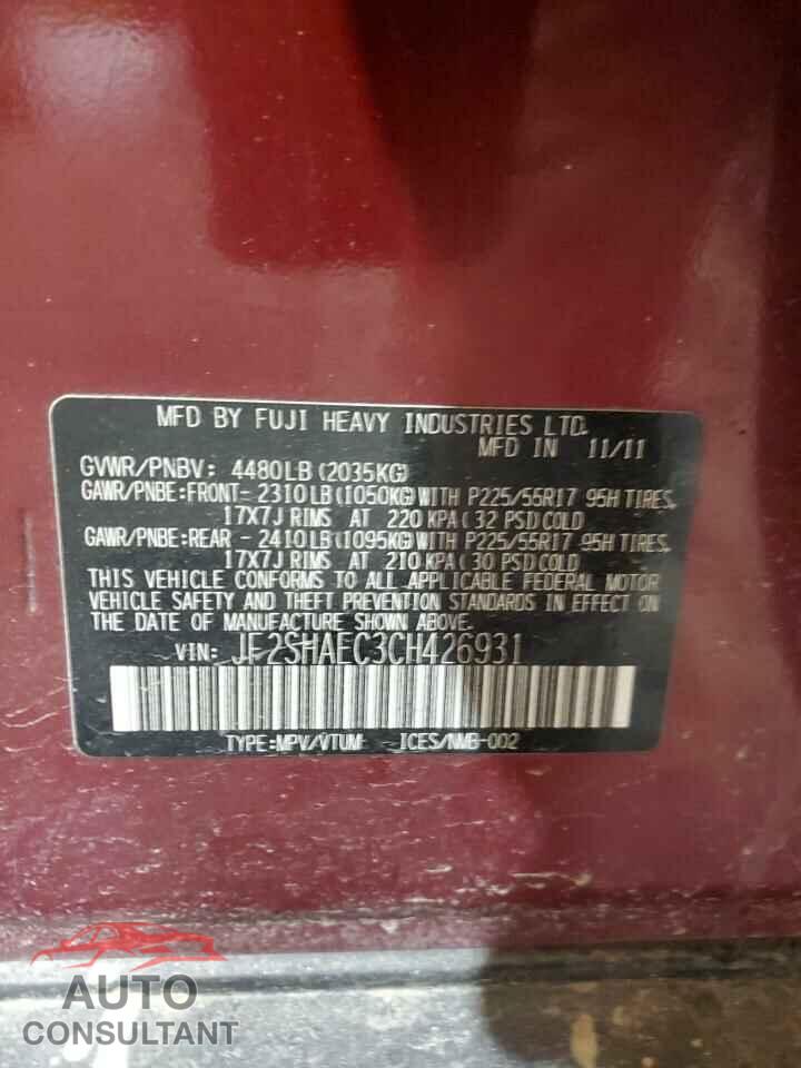 SUBARU FORESTER 2012 - JF2SHAEC3CH426931