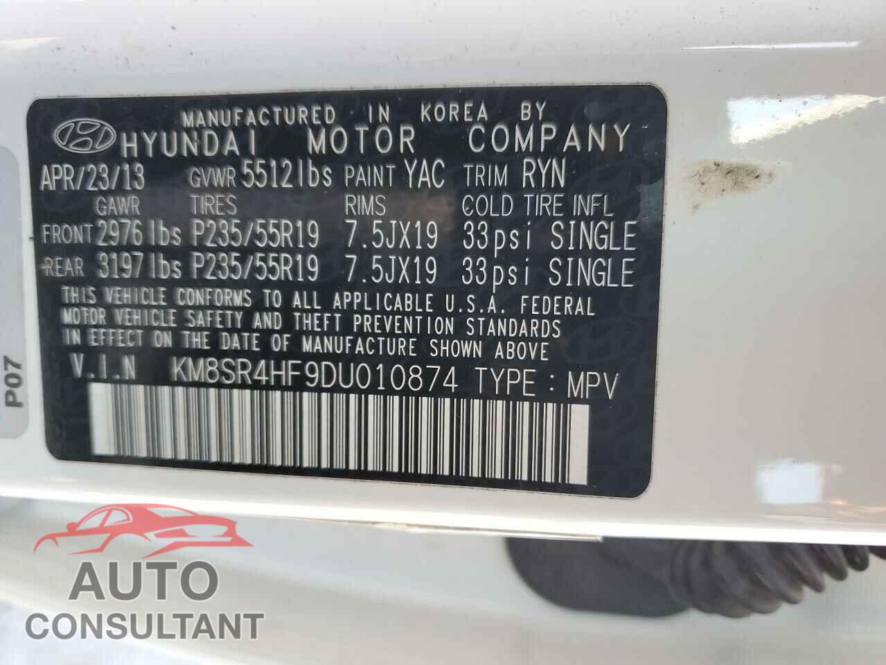 HYUNDAI SANTA FE 2013 - KM8SR4HF9DU010874